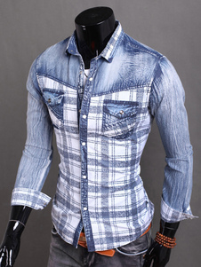 Chemise homme en denim écossais manches longues
