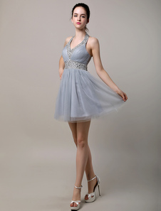 Robe cérémonie A-ligne satin mat col V perles mini