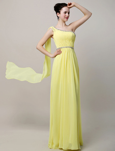 Robe soirée A-ligne chiffon perles une épaule