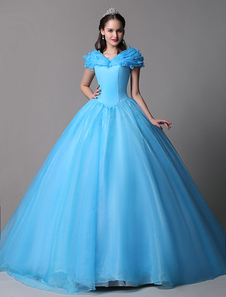Robe boule en organza bleu col V