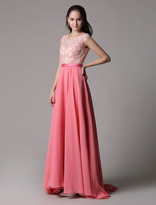 Robe de soirée A-ligne chiffon corallin avec ceinture