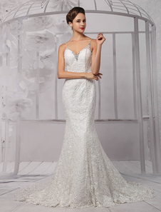 Robe de mariée sirène en dentelle ivoire avec col V à traîne