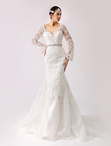 Robe mariée sirène en organza ivoire avec perles à col V