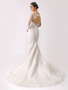 Robe de mariage sirène en tulle ivoire avec dentelle