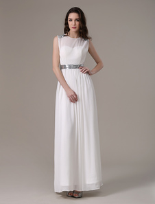 Robe de soirée A-ligne chiffon ivoire longueur plancher