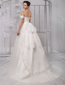 Chic robe mariage boule organza ivoire Avec traîne