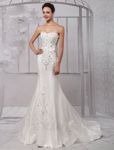 Chic robe mariage sirène organza ivoire brodé Avec traîne