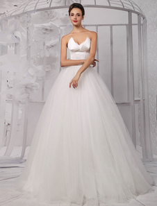 Chic robe mariage boule en satin ivoire longueur plancher