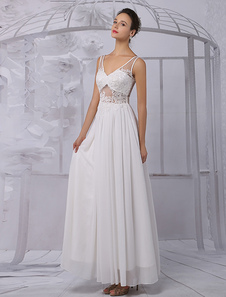 Robe de mariée A-ligne ivoire dentelle col V longueur plancher