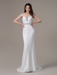 Robe de soirée sirène paillettes ivoire et perles Avec traîne