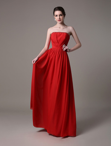 Robe de soirée A-ligne chiffon rouge bustier longueur plancher