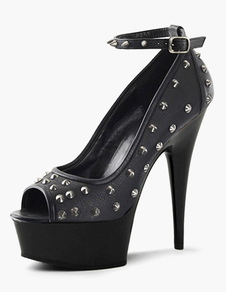 Chaussures à bout ouvert talons aigus noir fait main avec rivet