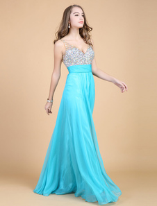 Robe de bal A-ligne à col V avec perles longueur plancher