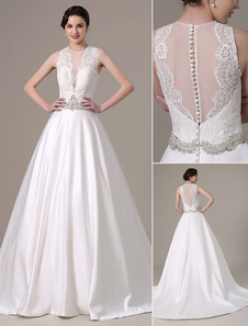 2017 satin et dentelle robe boule robe de mariée plissé corsage pur et ceinture de Perles cristal av