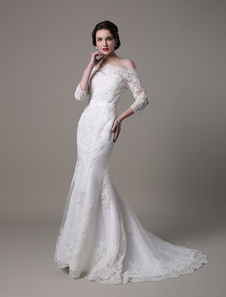 Robe de mariée exquise sirène en dentelle ivoire avec traîne