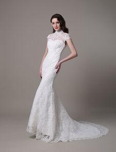 Robe mariée sirène dentelle ivoire Cou translucide Avec traîne