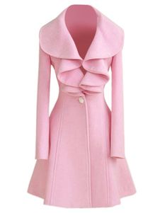 Manteau slim en fibre de coton rose unicolore à volants