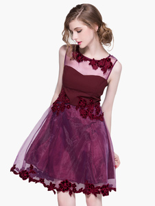 Brodé sans manches à encolure dégagée fuchsia stratifiés robe de partie