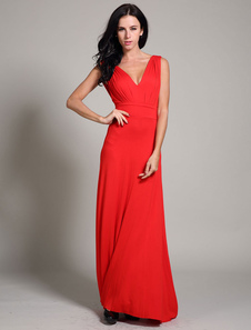 Robe A-ligne rouge col V avec plissement