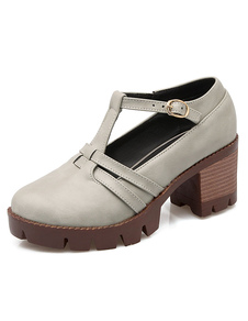 Chaussures à talons épais en PU T-bracelet avec boucle