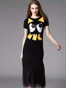 Robe bodycon noire col rond en coton impression multicouche d'animal