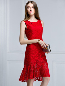 Robe rouge bodycon en dentelle col rond unicolore à volants sirène