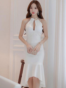 Robe bodycon en coton col ras du cou unicolore à volants devant court et derrière long