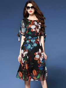 Robe noire éblouissante skater casual en chiffon imprimé fleuri avec ceinture et lacets col rond
