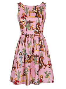 Robe fascinante skater art rétro en polyester imprimé caricatural détail motif plissé col rond