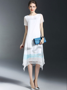 Robe éblouissante droite casual en ouate de soie blanc impression irrégulier imprimé fleuri col rond