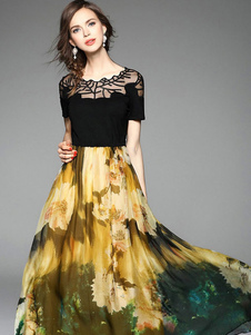 Mousseline de soie parole longueur robe Maxi en noir