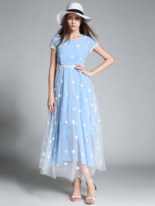 Maxi robe plissée à manches courtes en bleu & rose