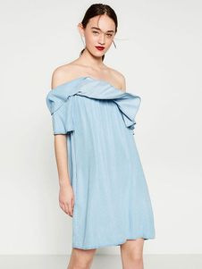 Bleu clair au large de l’épaule robe d’été avec des détails de volants