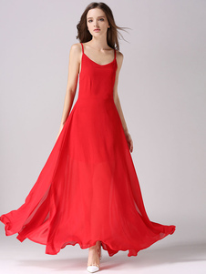 Mousseline de soie parole longueur robe Maxi en rouge noir été parti porter