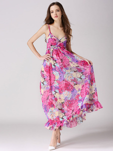 Mousseline de soie été Slip Maxi robe avec volants détails