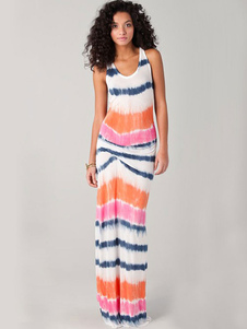 Robe blanche longue en coton impression plissé plissé col rond