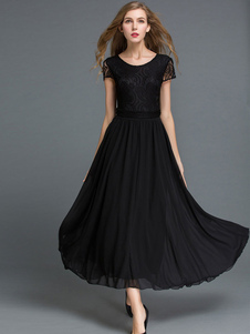 Robe longue en chiffon unicolore moulant plissé col rond