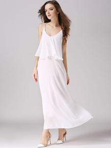 Robe longue en chiffon unicolore croisé avant plissé à bretelles