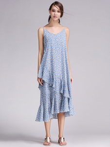 Robe d'été en chiffon impression à volants et bretelles