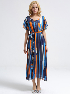 Robe bleue longue en chiffon multicolore surdimensionné avec lacet col V