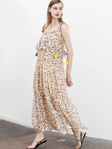 Bretelles de robe longue Bohème Spaghetti sans manches robe Maxi plissée en cascade de volants