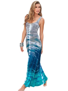 Robe bleue longue en coton dégradé plissé col rond