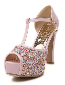 Sequin T-Strap sandales Chunky des femmes