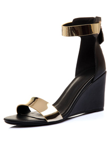 Belles sandales compensées ruban aux chevilles en peau de vache unicolore ornement métallique