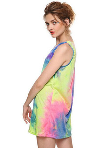 Robe bleue fabuleuse droite casual en polyester motif tie-dye col rond