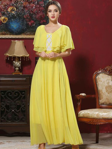 Robe jaune longue en chiffon unicolore fendu à volants