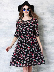 Robe noire fabuleuse skater style européen en polyester impression à demi-transparence col rond