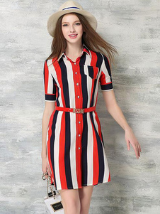 Robe rouge éblouissante droite mode en polyester avec rayure et ceinture col bénitier