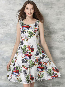 Robe blanche fascinante skater doux en polyester impression imprimé fleuri col rond