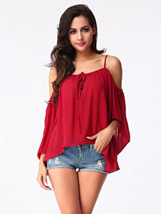 Blouse casual en chiffon unicolore avec lacets détail épaules ouvertes pour femme